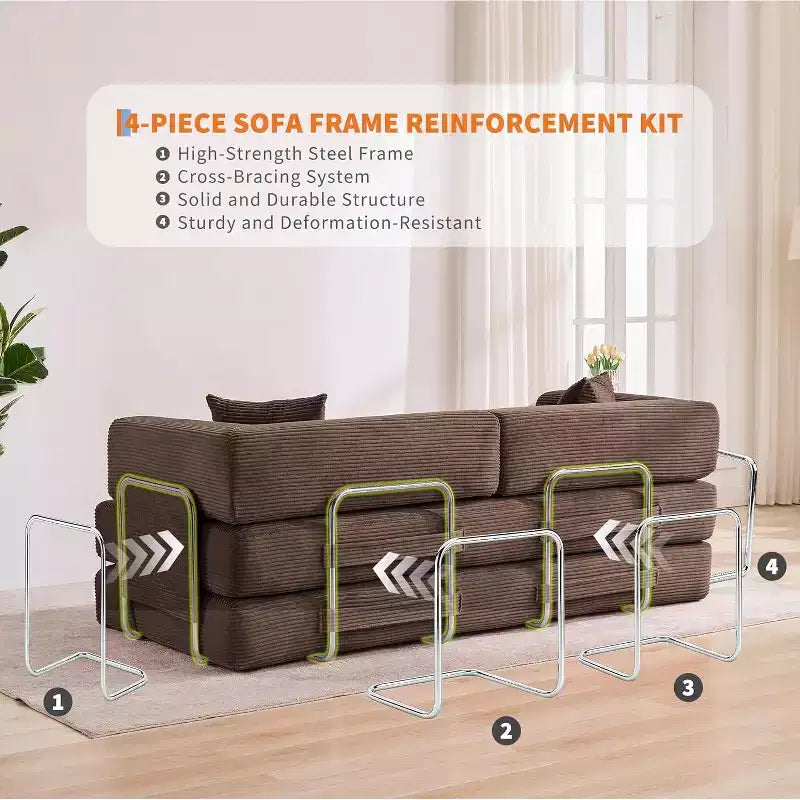 78.8'' Convertible Sleeper Floor Sofa Bed w/Pillows, 5-in-1 Corduroy Floor Couch, Folding Mattress Couch Loveseat with Fixed-Shape Frame, No Assembly