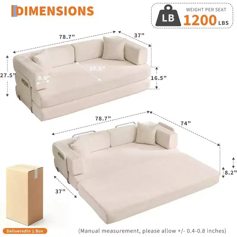 78.8'' Convertible Sleeper Floor Sofa Bed w/Pillows, 5-in-1 Corduroy Floor Couch, Folding Mattress Couch Loveseat with Fixed-Shape Frame, No Assembly
