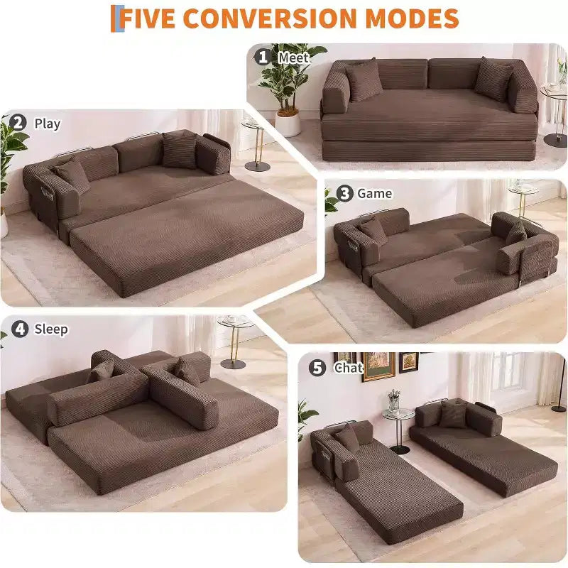 78.8'' Convertible Sleeper Floor Sofa Bed w/Pillows, 5-in-1 Corduroy Floor Couch, Folding Mattress Couch Loveseat with Fixed-Shape Frame, No Assembly