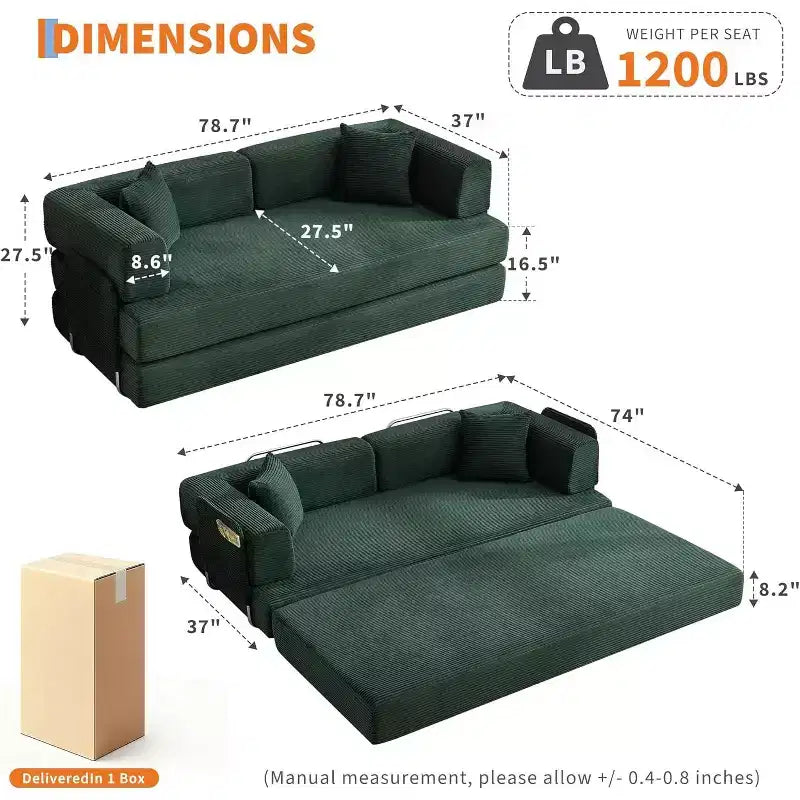 78.8'' Convertible Sleeper Floor Sofa Bed w/Pillows, 5-in-1 Corduroy Floor Couch, Folding Mattress Couch Loveseat with Fixed-Shape Frame, No Assembly