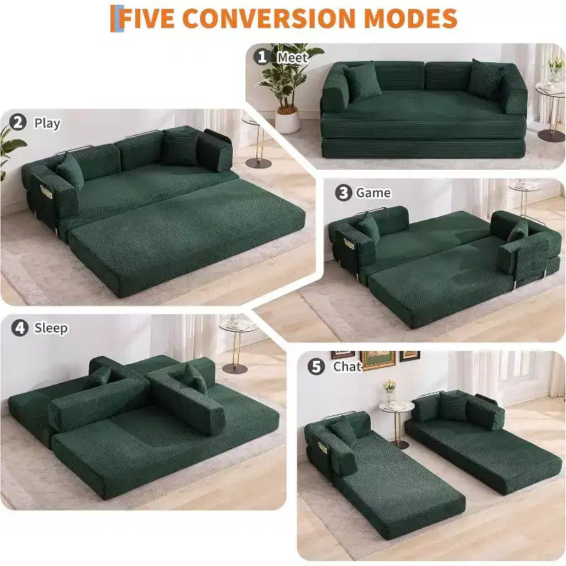 78.8'' Convertible Sleeper Floor Sofa Bed w/Pillows, 5-in-1 Corduroy Floor Couch, Folding Mattress Couch Loveseat with Fixed-Shape Frame, No Assembly