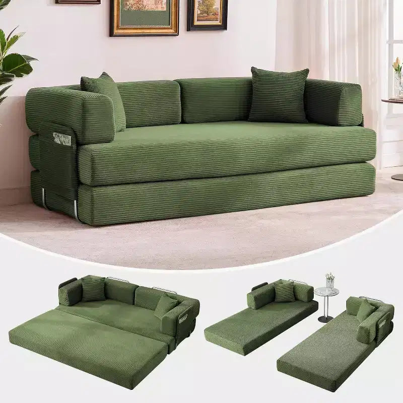 78.8'' Convertible Sleeper Floor Sofa Bed w/Pillows, 5-in-1 Corduroy Floor Couch, Folding Mattress Couch Loveseat with Fixed-Shape Frame, No Assembly