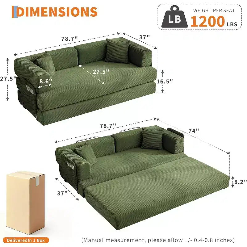 78.8'' Convertible Sleeper Floor Sofa Bed w/Pillows, 5-in-1 Corduroy Floor Couch, Folding Mattress Couch Loveseat with Fixed-Shape Frame, No Assembly