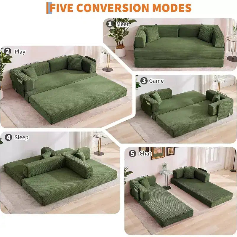 78.8'' Convertible Sleeper Floor Sofa Bed w/Pillows, 5-in-1 Corduroy Floor Couch, Folding Mattress Couch Loveseat with Fixed-Shape Frame, No Assembly