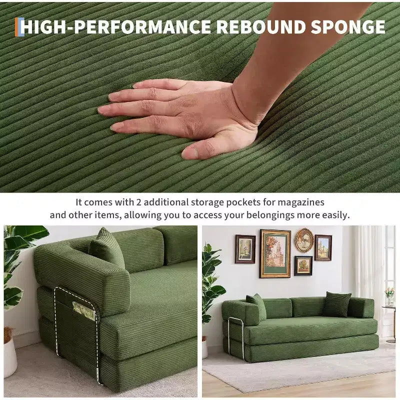 78.8'' Convertible Sleeper Floor Sofa Bed w/Pillows, 5-in-1 Corduroy Floor Couch, Folding Mattress Couch Loveseat with Fixed-Shape Frame, No Assembly