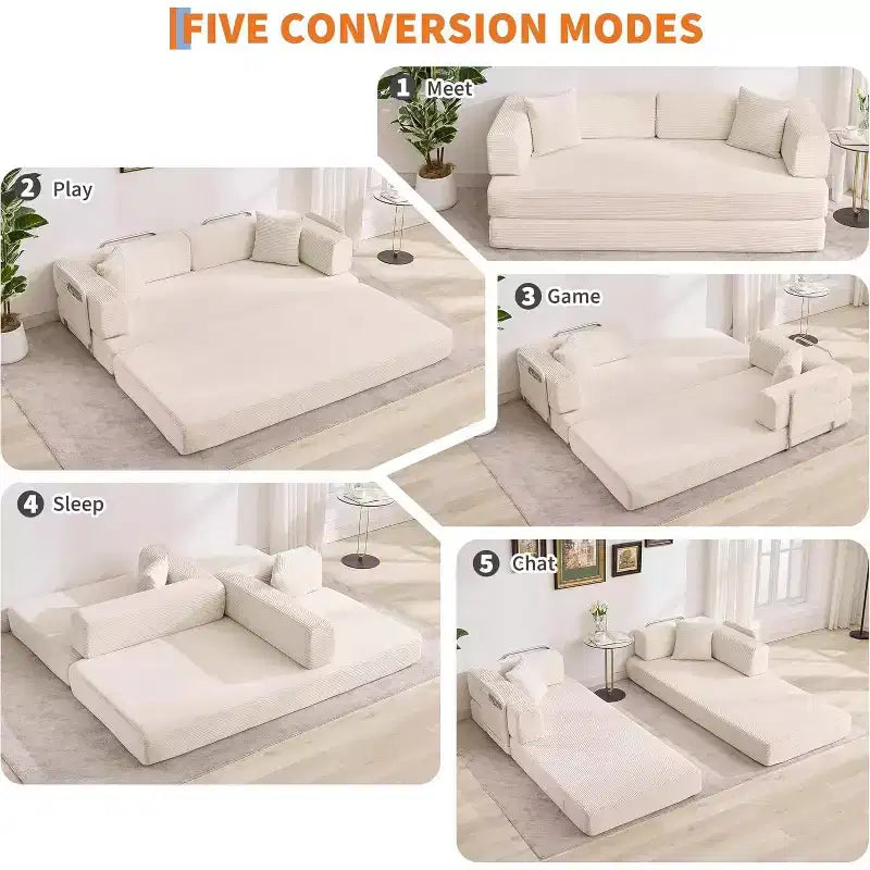 78.8'' Convertible Sleeper Floor Sofa Bed w/Pillows, 5-in-1 Corduroy Floor Couch, Folding Mattress Couch Loveseat with Fixed-Shape Frame, No Assembly