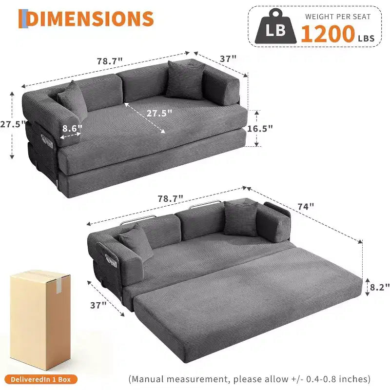 78.8'' Convertible Sleeper Floor Sofa Bed w/Pillows, 5-in-1 Corduroy Floor Couch, Folding Mattress Couch Loveseat with Fixed-Shape Frame, No Assembly