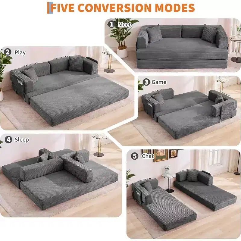 78.8'' Convertible Sleeper Floor Sofa Bed w/Pillows, 5-in-1 Corduroy Floor Couch, Folding Mattress Couch Loveseat with Fixed-Shape Frame, No Assembly