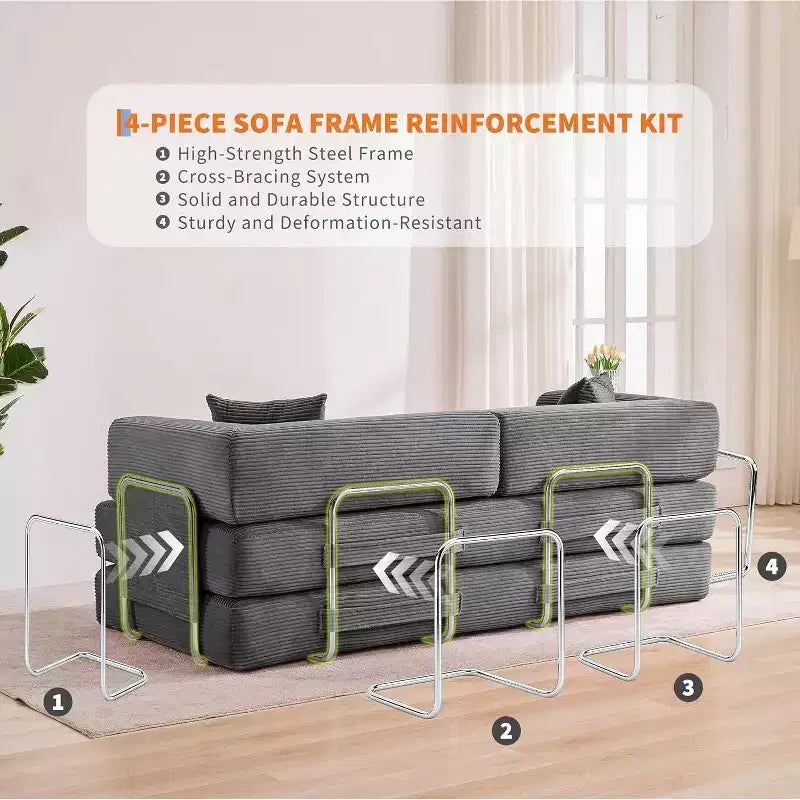 78.8'' Convertible Sleeper Floor Sofa Bed w/Pillows, 5-in-1 Corduroy Floor Couch, Folding Mattress Couch Loveseat with Fixed-Shape Frame, No Assembly