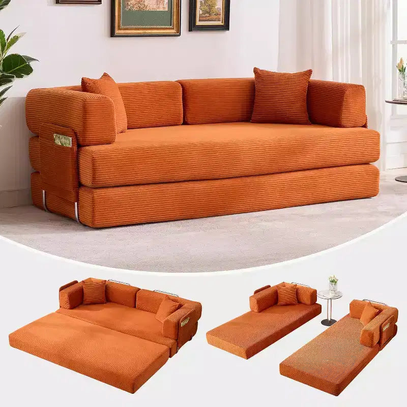 78.8'' Convertible Sleeper Floor Sofa Bed w/Pillows, 5-in-1 Corduroy Floor Couch, Folding Mattress Couch Loveseat with Fixed-Shape Frame, No Assembly