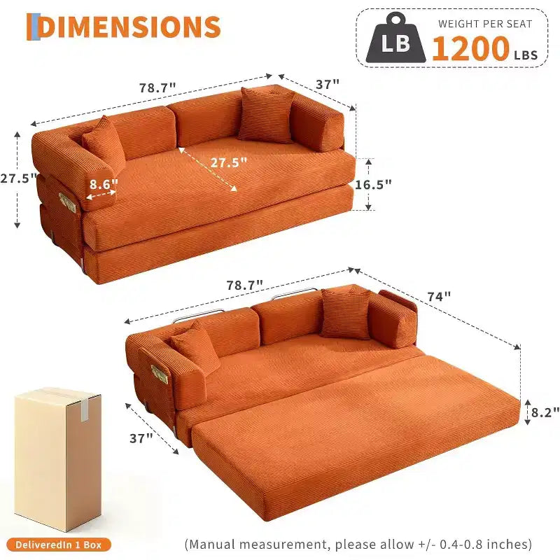 78.8'' Convertible Sleeper Floor Sofa Bed w/Pillows, 5-in-1 Corduroy Floor Couch, Folding Mattress Couch Loveseat with Fixed-Shape Frame, No Assembly