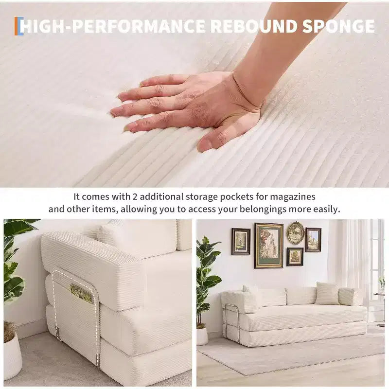 78.8'' Convertible Sleeper Floor Sofa Bed w/Pillows, 5-in-1 Corduroy Floor Couch, Folding Mattress Couch Loveseat with Fixed-Shape Frame, No Assembly