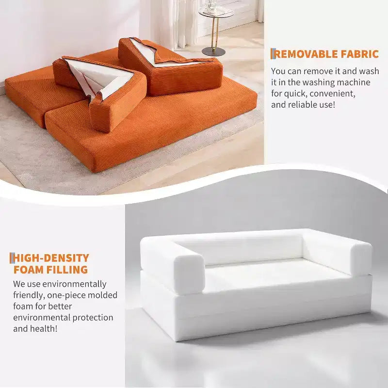 78.8'' Convertible Sleeper Floor Sofa Bed w/Pillows, 5-in-1 Corduroy Floor Couch, Folding Mattress Couch Loveseat with Fixed-Shape Frame, No Assembly