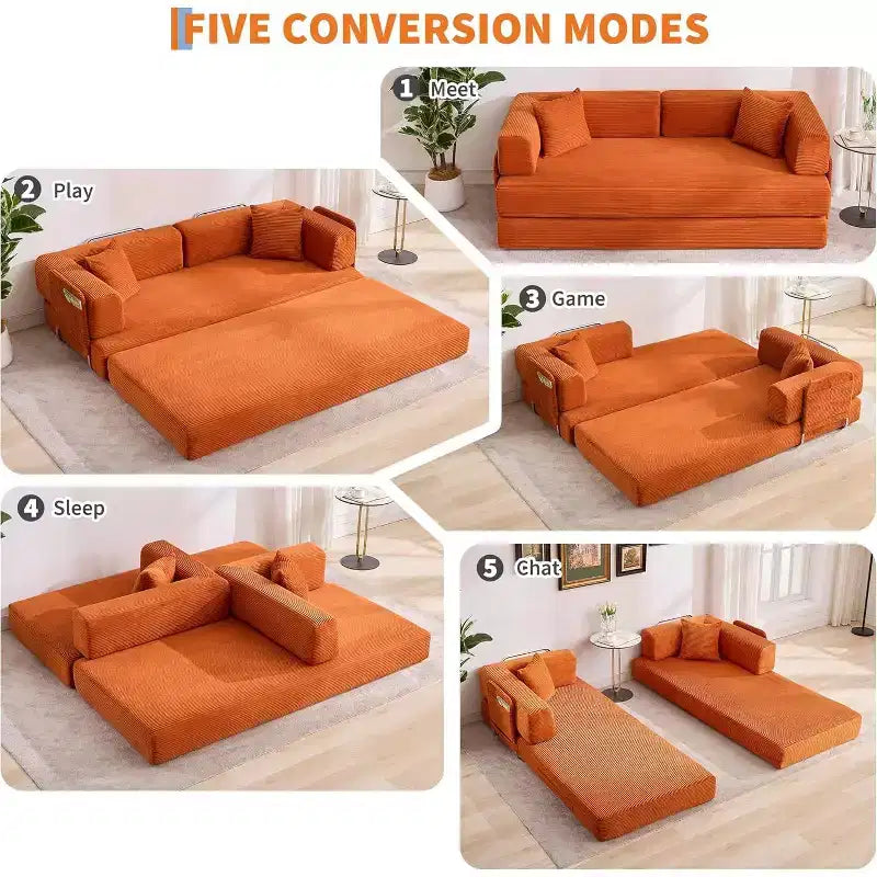 78.8'' Convertible Sleeper Floor Sofa Bed w/Pillows, 5-in-1 Corduroy Floor Couch, Folding Mattress Couch Loveseat with Fixed-Shape Frame, No Assembly