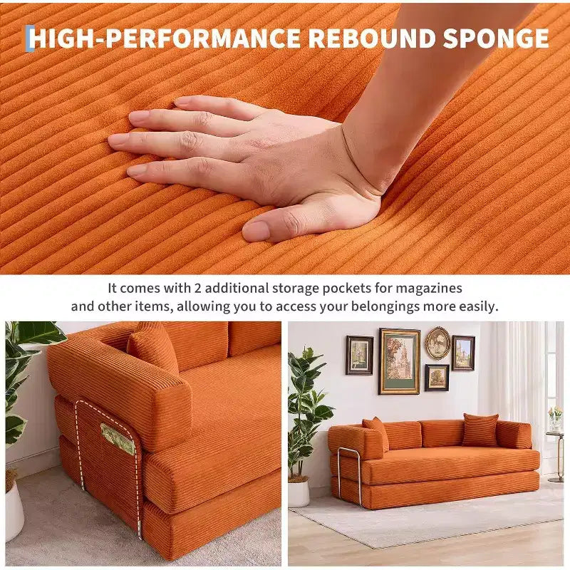 78.8'' Convertible Sleeper Floor Sofa Bed w/Pillows, 5-in-1 Corduroy Floor Couch, Folding Mattress Couch Loveseat with Fixed-Shape Frame, No Assembly