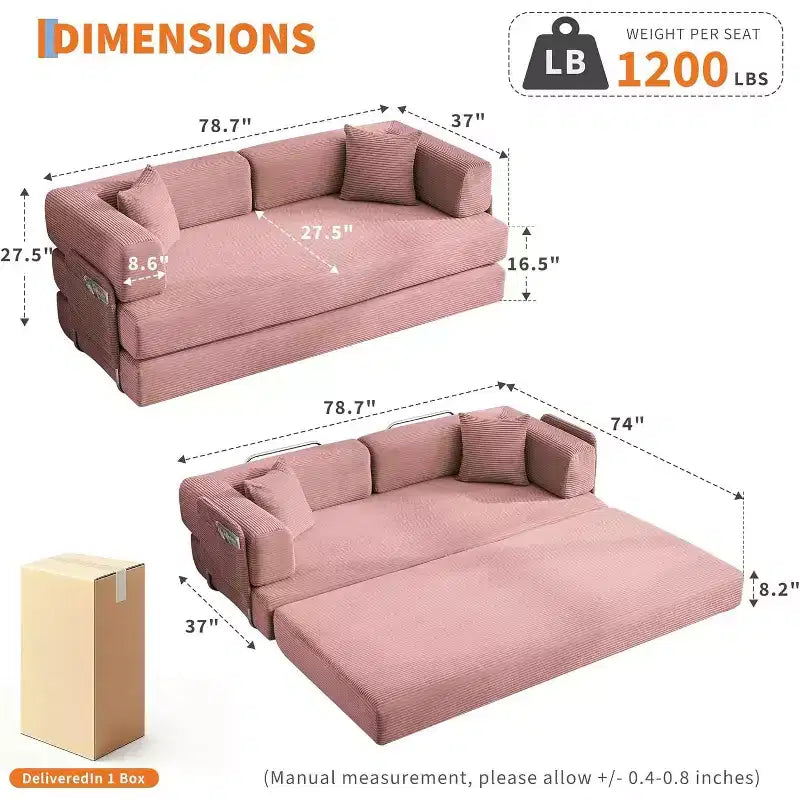 78.8'' Convertible Sleeper Floor Sofa Bed w/Pillows, 5-in-1 Corduroy Floor Couch, Folding Mattress Couch Loveseat with Fixed-Shape Frame, No Assembly