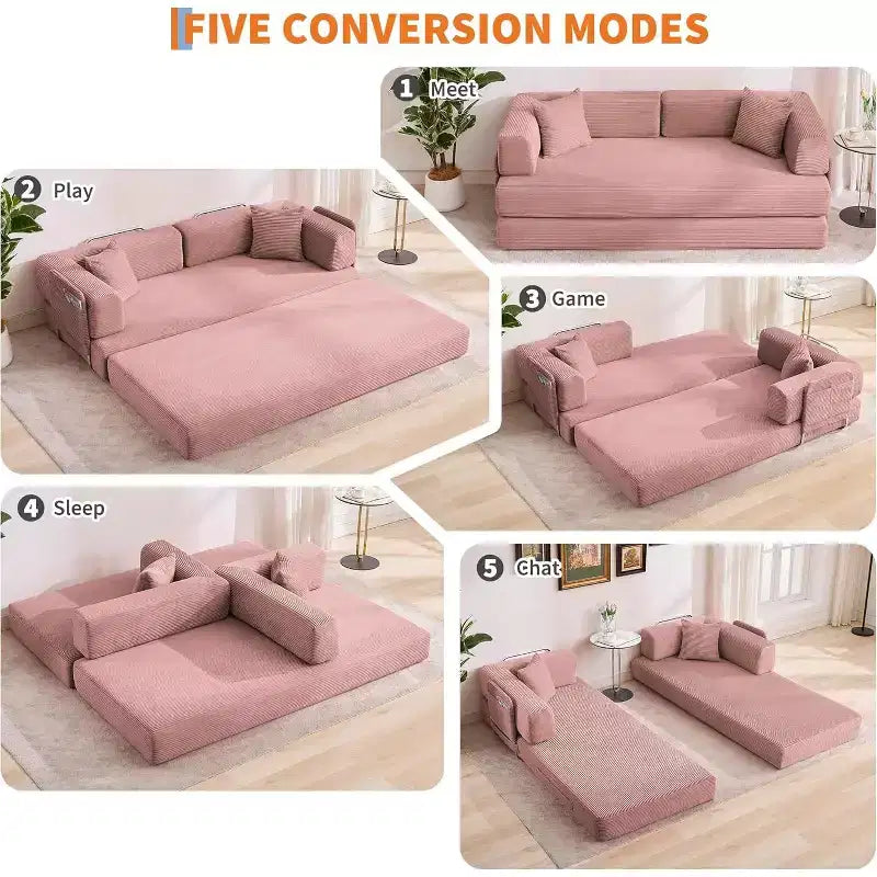 78.8'' Convertible Sleeper Floor Sofa Bed w/Pillows, 5-in-1 Corduroy Floor Couch, Folding Mattress Couch Loveseat with Fixed-Shape Frame, No Assembly