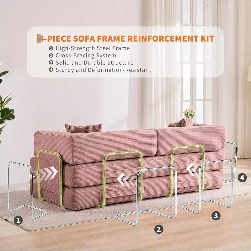 78.8'' Convertible Sleeper Floor Sofa Bed w/Pillows, 5-in-1 Corduroy Floor Couch, Folding Mattress Couch Loveseat with Fixed-Shape Frame, No Assembly