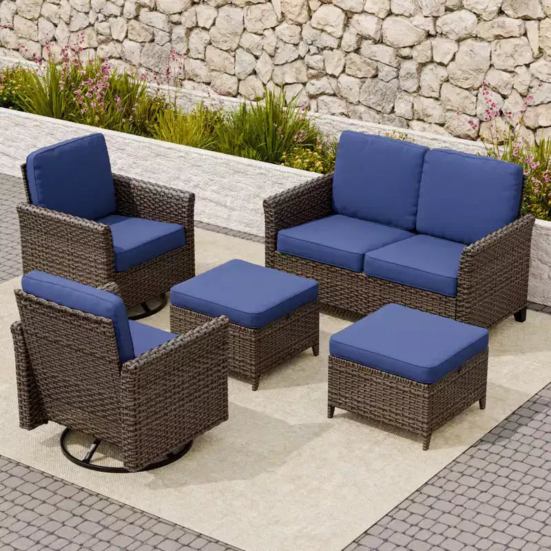 EAGLE PEAK Ocean Vista 5 piece Patio Variated Brown Wicker Conversation Set Swivel Chairs, Loveseat