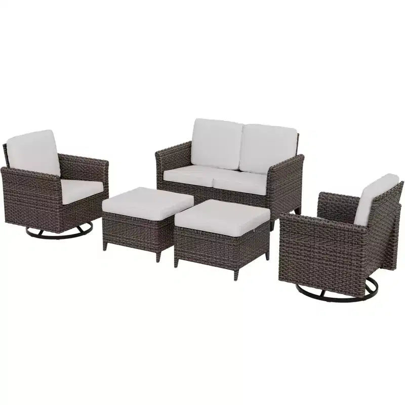 EAGLE PEAK Ocean Vista 5 piece Patio Variated Brown Wicker Conversation Set Swivel Chairs, Loveseat