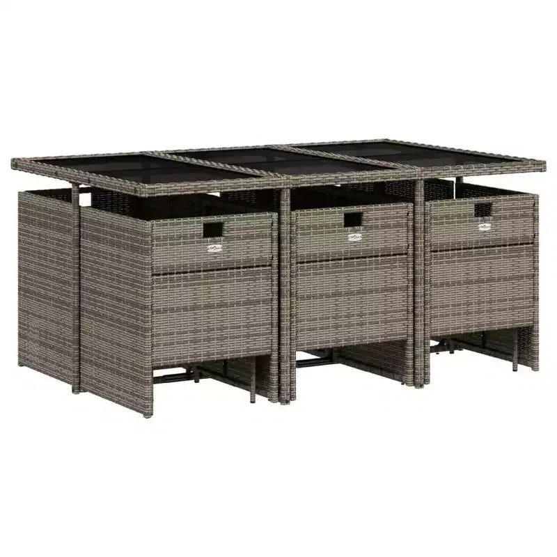 vidaXL Patio Dining Set with Cushions - 11 Piece Gray Poly Rattan Outdoor Garden Table and Chairs Furniture, Compact Storage, Tempered Glass Top