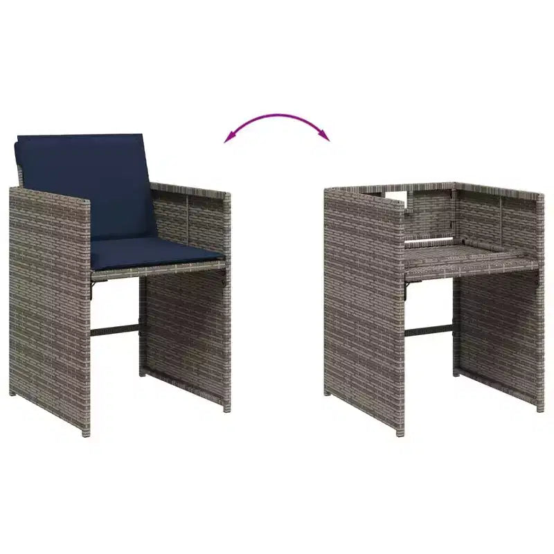 vidaXL 11 Piece Patio Dining Set with Cushions  Outdoor Garden Backyard Furniture  Gray Poly Rattan, Acacia Wood Tabletop, Navy Blue Cushions