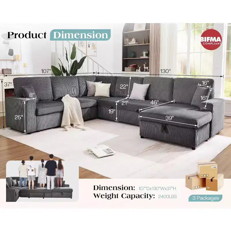 AMERLIFE 130 Sofa Bed, Sleeper Sofa, Pull Out Sleeper Couch with Storage, Convertible 6-Seater for Living Room
