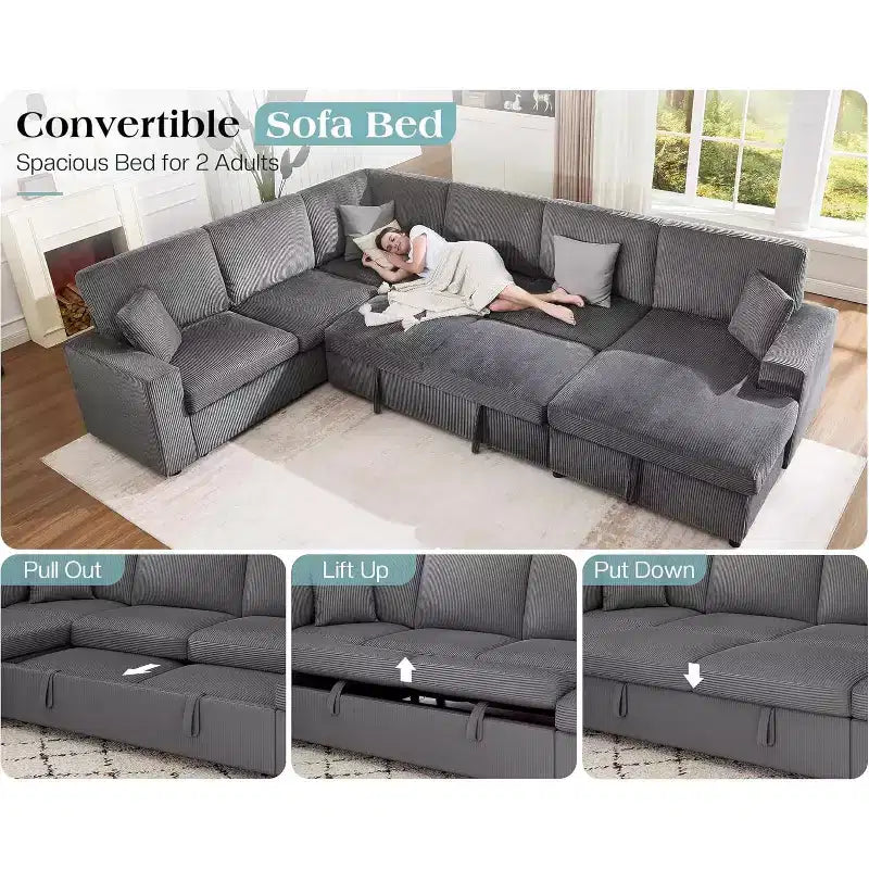 AMERLIFE 130 Sofa Bed, Sleeper Sofa, Pull Out Sleeper Couch with Storage, Convertible 6-Seater for Living Room