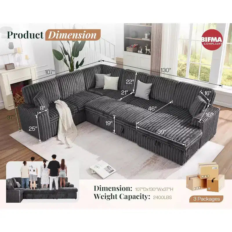 AMERLIFE 130 Sofa Bed, Sleeper Sofa, Pull Out Sleeper Couch with Storage, Convertible 6-Seater for Living Room