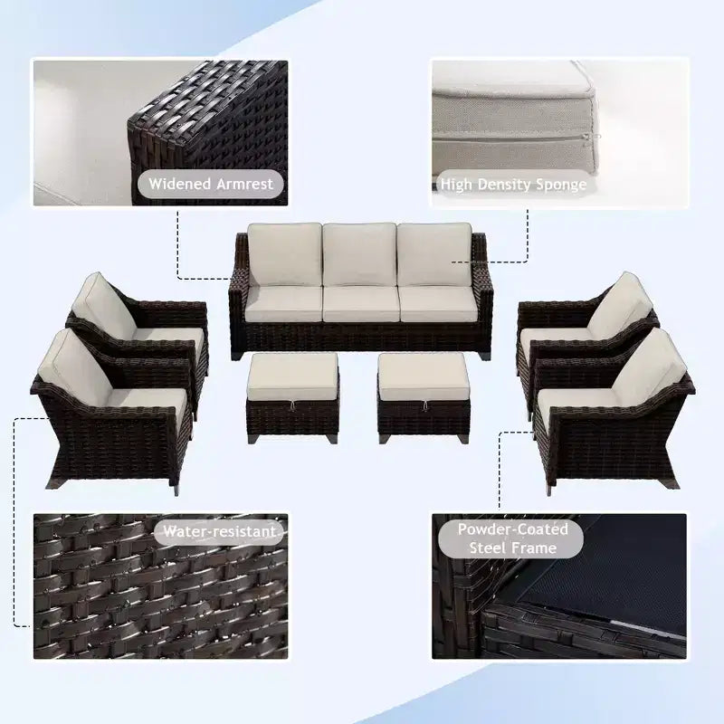 UPTIOT 7-Piece Rattan Wicker Patio Conversation Set