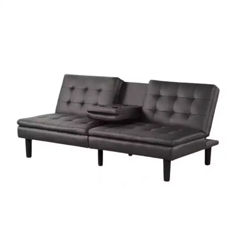 Royal Hampton Futon Sofa Bed, Drop-Down Tray and Cupholder, Gray Faux Leather