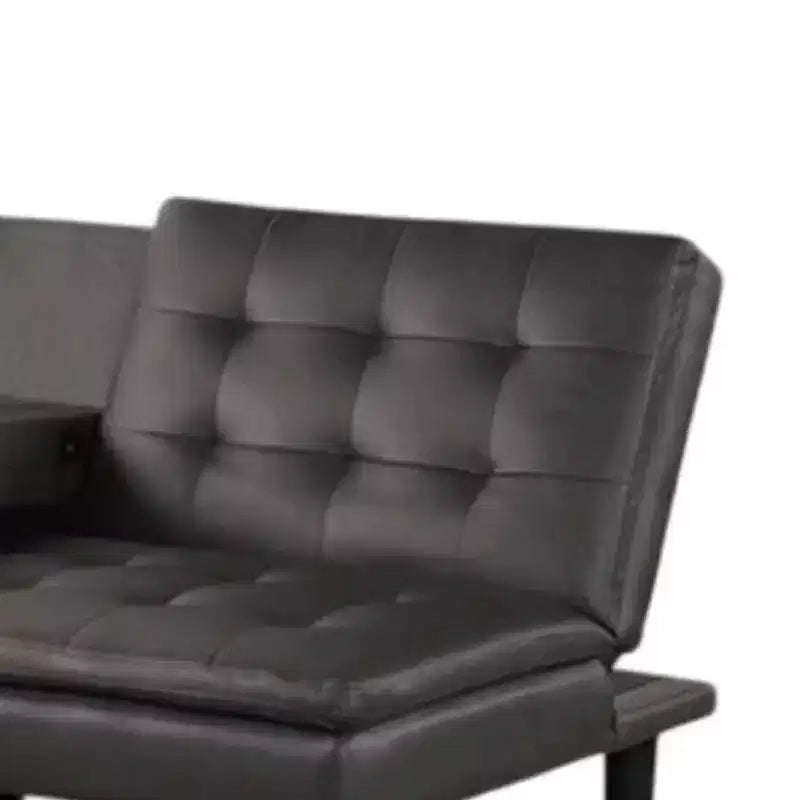Royal Hampton Futon Sofa Bed, Drop-Down Tray and Cupholder, Gray Faux Leather