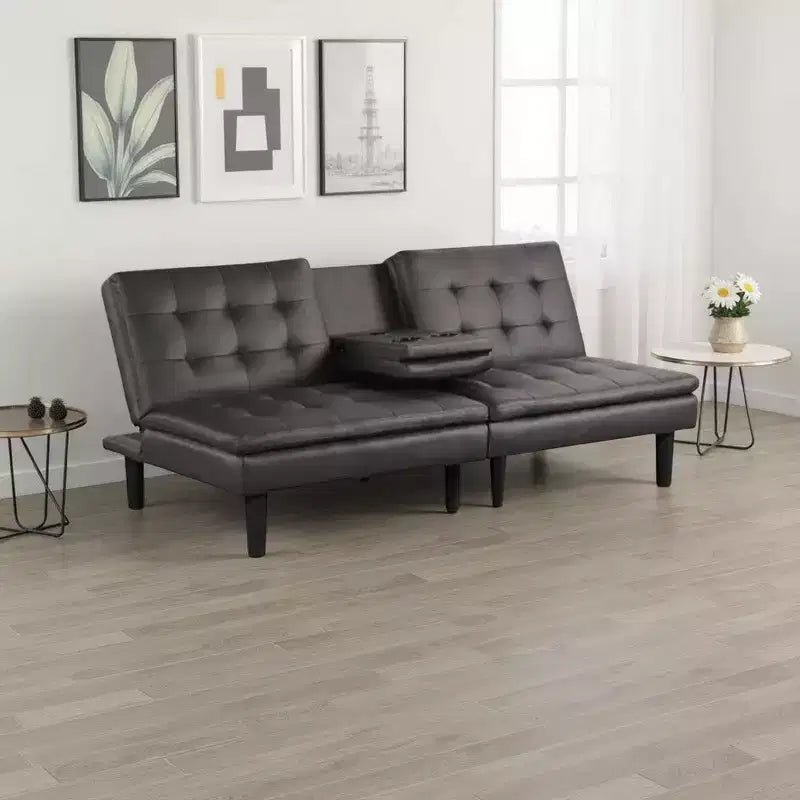 Royal Hampton Futon Sofa Bed, Drop-Down Tray and Cupholder, Gray Faux Leather