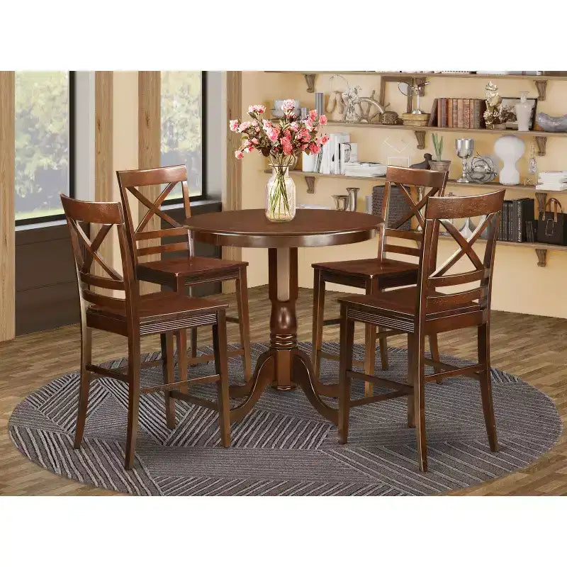 Counter Height Table Set - 5 Piece Pub Table & Stools - Round Kitchen Dining Set - Buttermilk & Cherry Finish