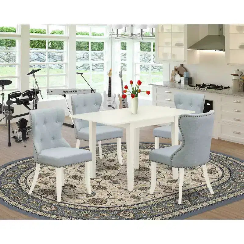 Dining Table Set 4 Chairs - Linen Fabric Blue & White - Modern Wood Kitchen Set
