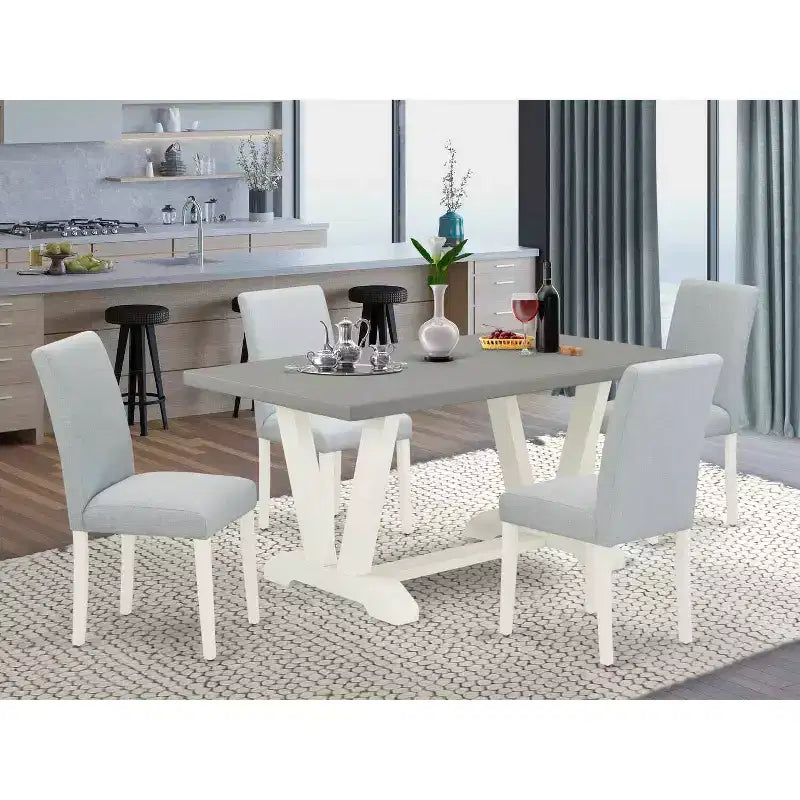 HomeStock 5-Pc Rectangle Natural Oak Finish Solid Wood Top Dining Table with 4 Upholstered Chairs