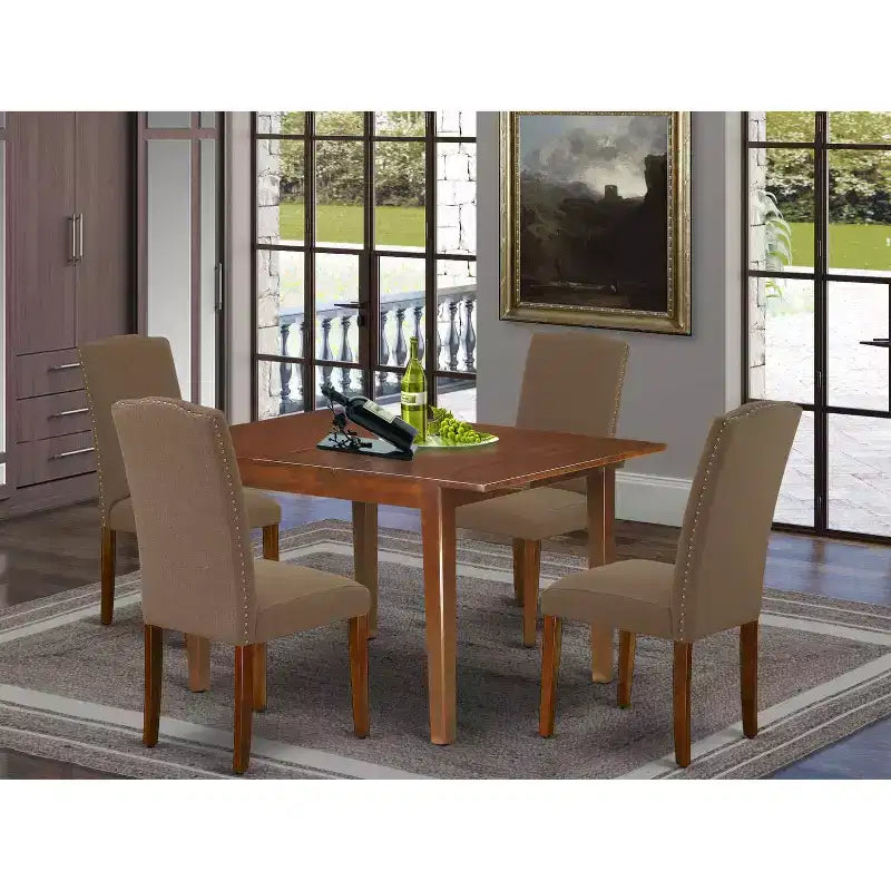 HomeStock 5-Piece Rectangle Mahogany Finish Solid Wood Top Dining Table with 4-Parson Chair with Butterfly Leaf