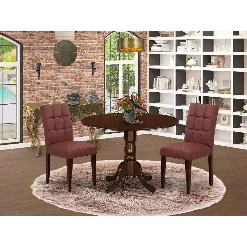 Round Dining Table Set with 2 Chairs - Mahogany Finish, Mid Century Modern Design