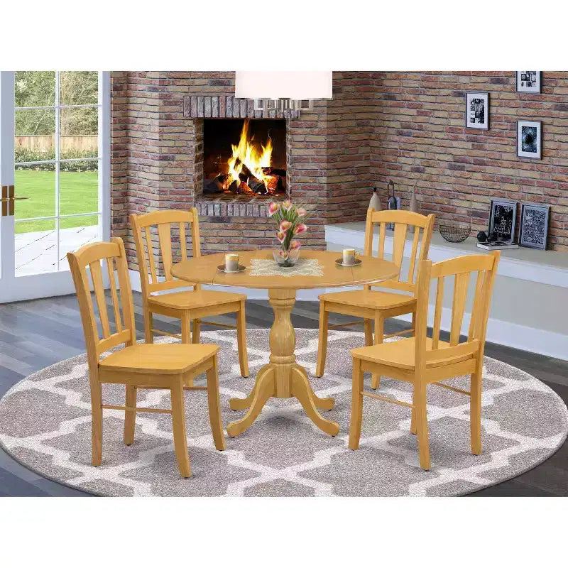 HomeStock 5-Piece Natural Oak Finish Solid Wood Top Dining table with 4 Chairs with Drop Leaf Slat Back