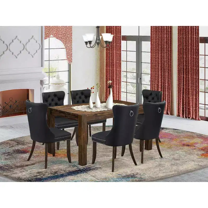HomeStock 7-Piece Rectangle Distressed Jacobean Finish Solid Wood Top Dining Table with 6 Chairs