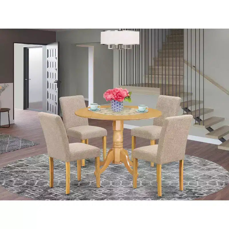 HomeStock 5-Piece Round Natural Oak Finish Solid Wood Top Dining Table with 4 Parson Chair with Drop Leaf