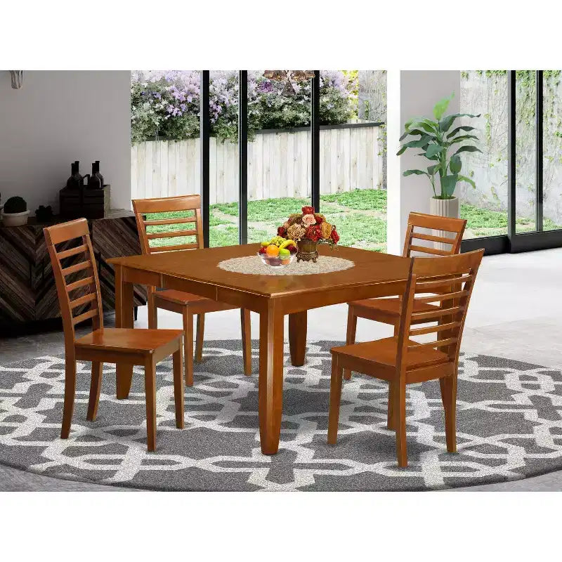 HomeStock 5-Pc Square Saddle Brown Finish Solid Wood Top Dining table with 4 Chairs