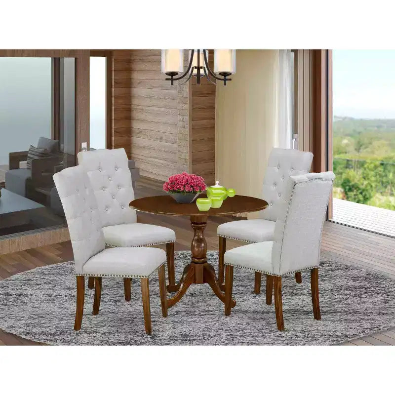 HomeStock 5-Piece Antique Walnut Finish Solid Wood Top Dining table with 4 Chairs with Drop Leaf Lattice Back