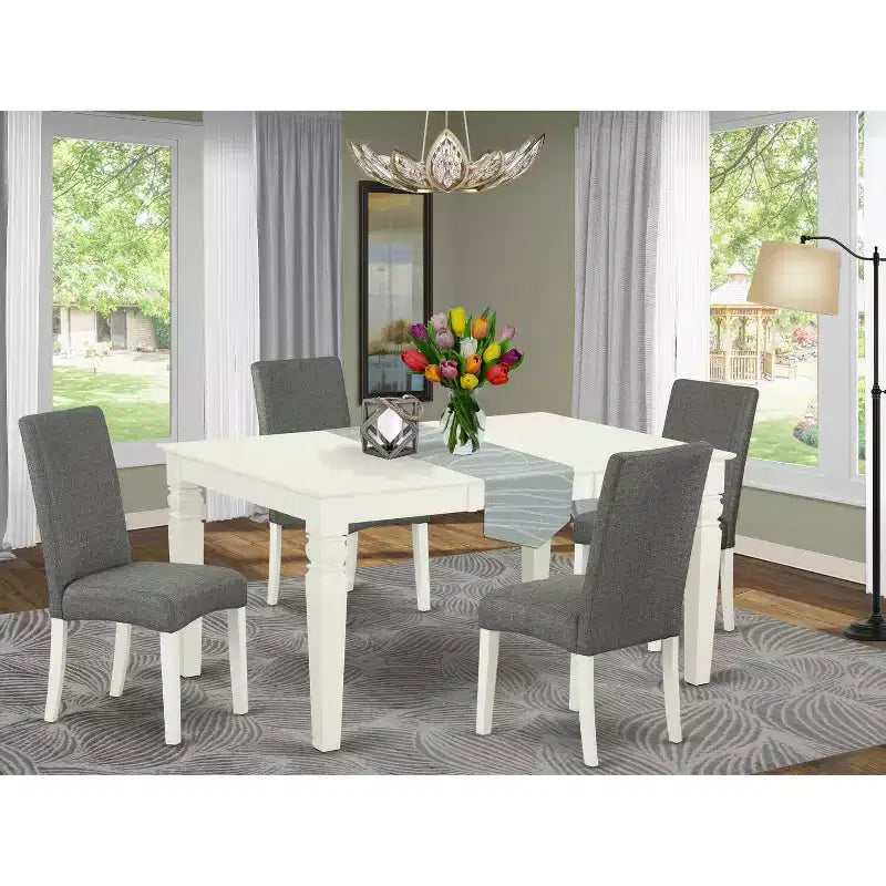 Kitchen Table Set 5pc Rectangle Table w/ Leaf & 4 Chairs - Linen White Legs, Gray Fabric