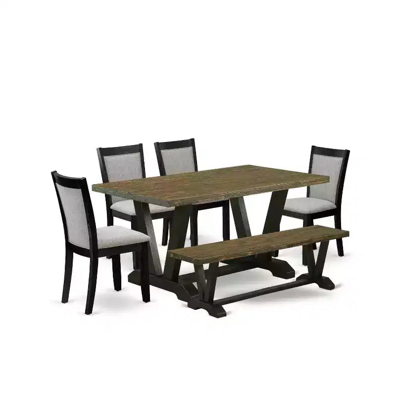HomeStock 6-Piece Distressed Jacobean Finish Solid Wood Top Dining Table with 1-Bench, 4 Upholstered-Chairs