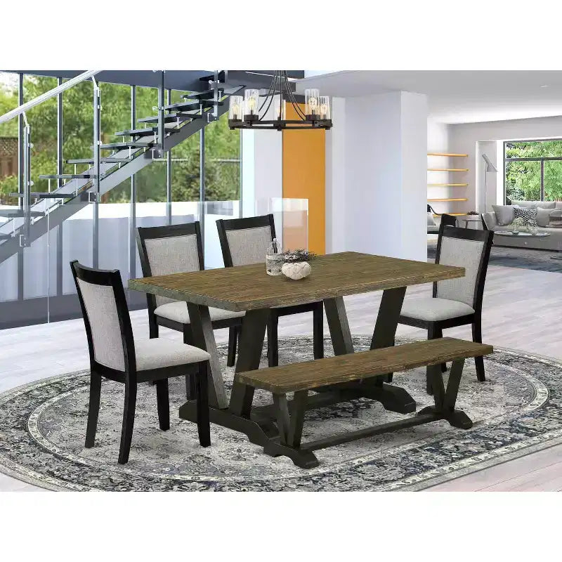 HomeStock 6-Piece Distressed Jacobean Finish Solid Wood Top Dining Table with 1-Bench, 4 Upholstered-Chairs
