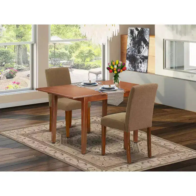 Kitchen Table Set 3pc Rectangle Dining Table W/Leaf & 2 Parsons Chairs - Rustic Linen Fabric