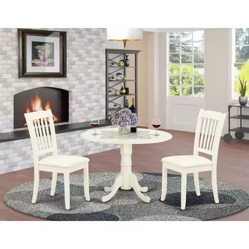 Round Dinette Set with Drop Leaf Table & 2 Linen Dining Chairs - White Finish