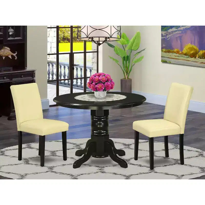Round Dining Table Set 3pc 42 Inch Table w/ 2 Parsons Chairs - Eggnog PU Leather & Black Legs
