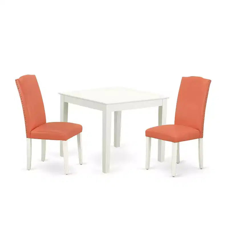 Square Dining Set Pink Flamingo 36 Inch Table & 2 Parsons Chairs Linen White Legs PU Leather